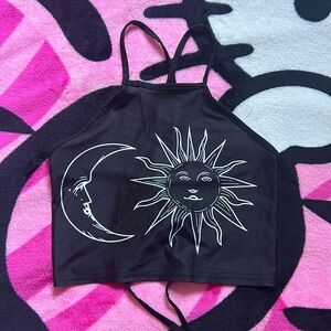 Black Tie Up Halter Moon And Sun Print Top